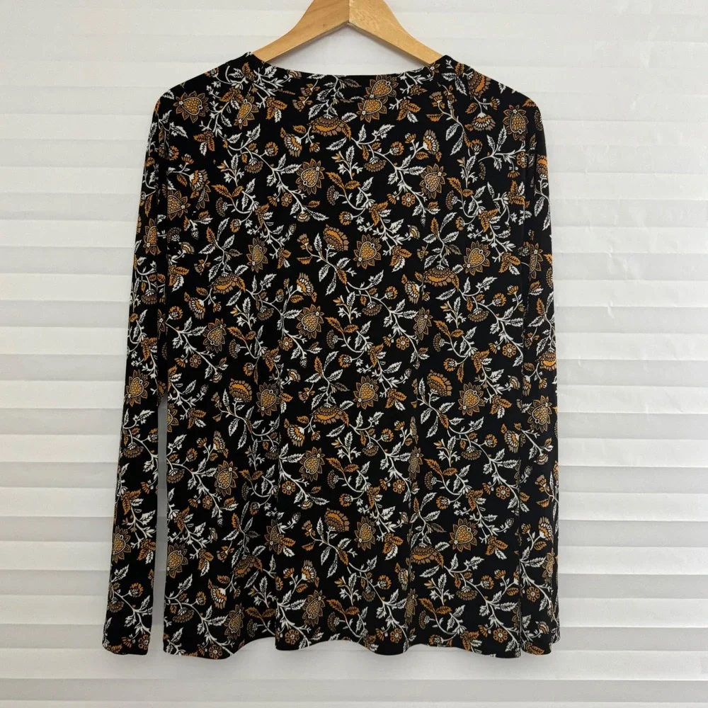 Michael Kors Womens Floral Keyhole Long Sleeve Top Black Gold Paisley L Office